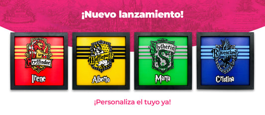 Marco decorativo de casas harry potter impreso en 3D con escudo y fondo en relieve
