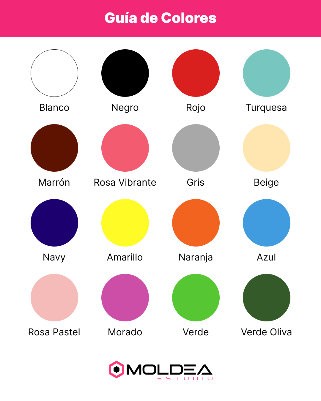 Guía de colores de filamentos PLA utilizados en impresiones 3D de Moldea Estudio.