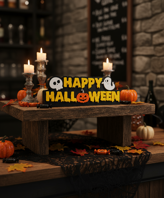 Happy Halloween Stand impreso en 3D ambientación oscura